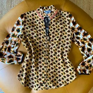 Anthropologie Conditions Apply Blouse Mixed Media Printed Tie Neck Ruffle Shirt